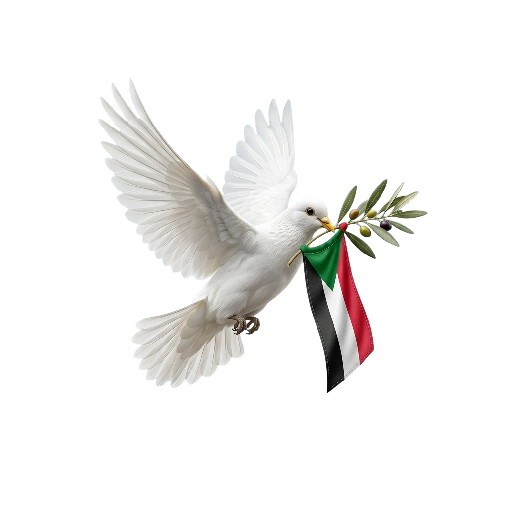 A white dove in flight holding an olive branch and a flag with horizontal black, white, and red stripes