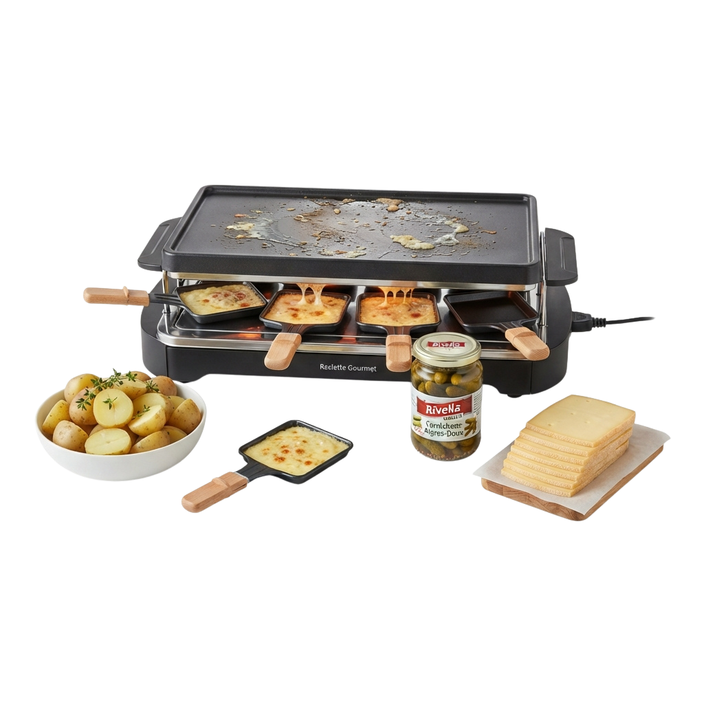 Electric fondue grill with melted cheese, potatoes, bread, and olives around it