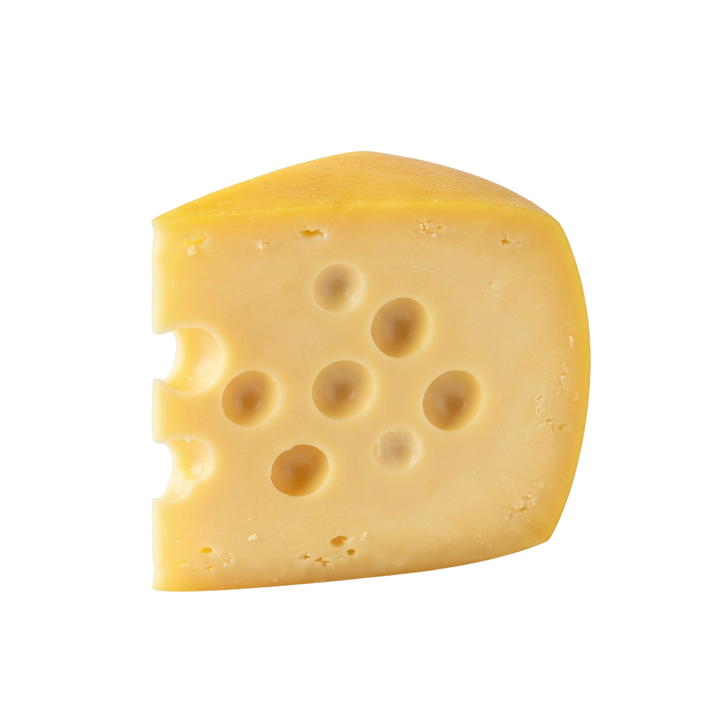 Close-up of a wedge of yellow cheese with natural holes against a black background