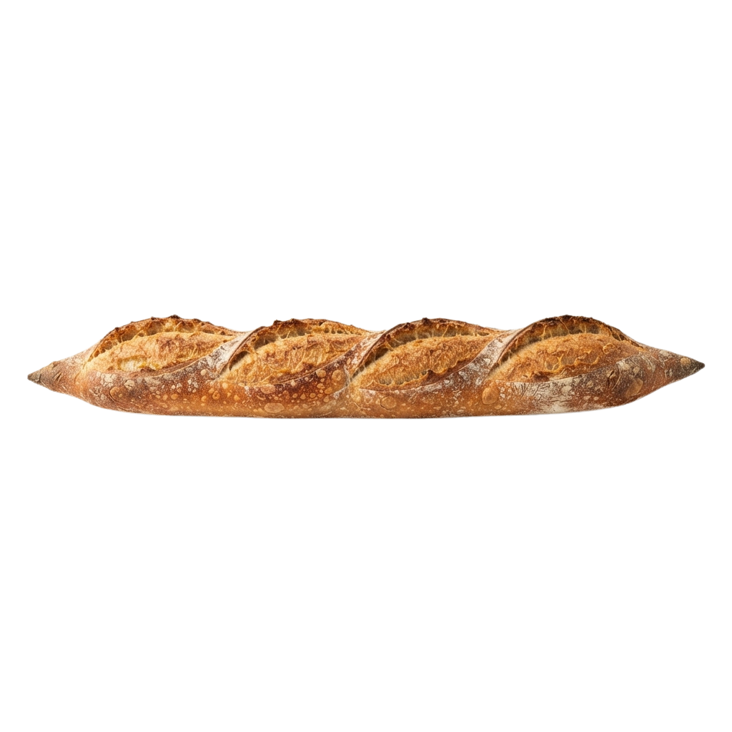 A rustic baguette with a golden-brown crust and visible air pockets along its length