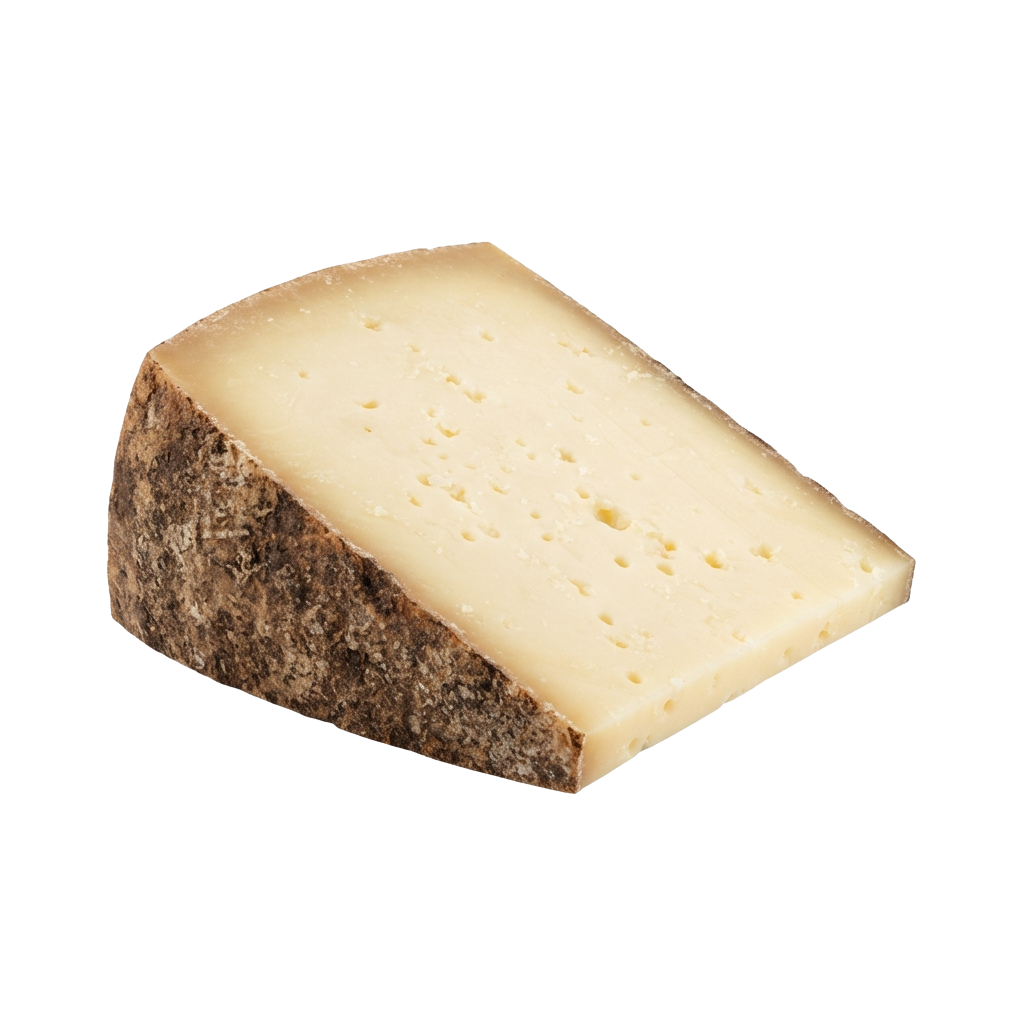 Aged hard cheese wedge showing a pale interior and dark, textured rind.