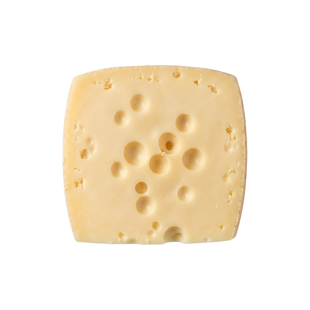 A square slice of cheese with evenly distributed round holes on a plain background