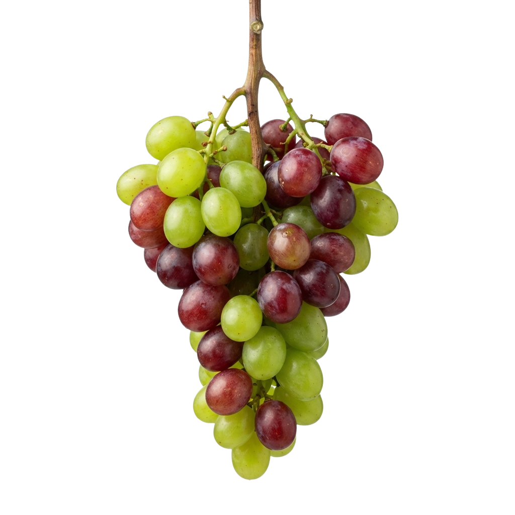 A cluster of green and red grapes hanging from a vine stem