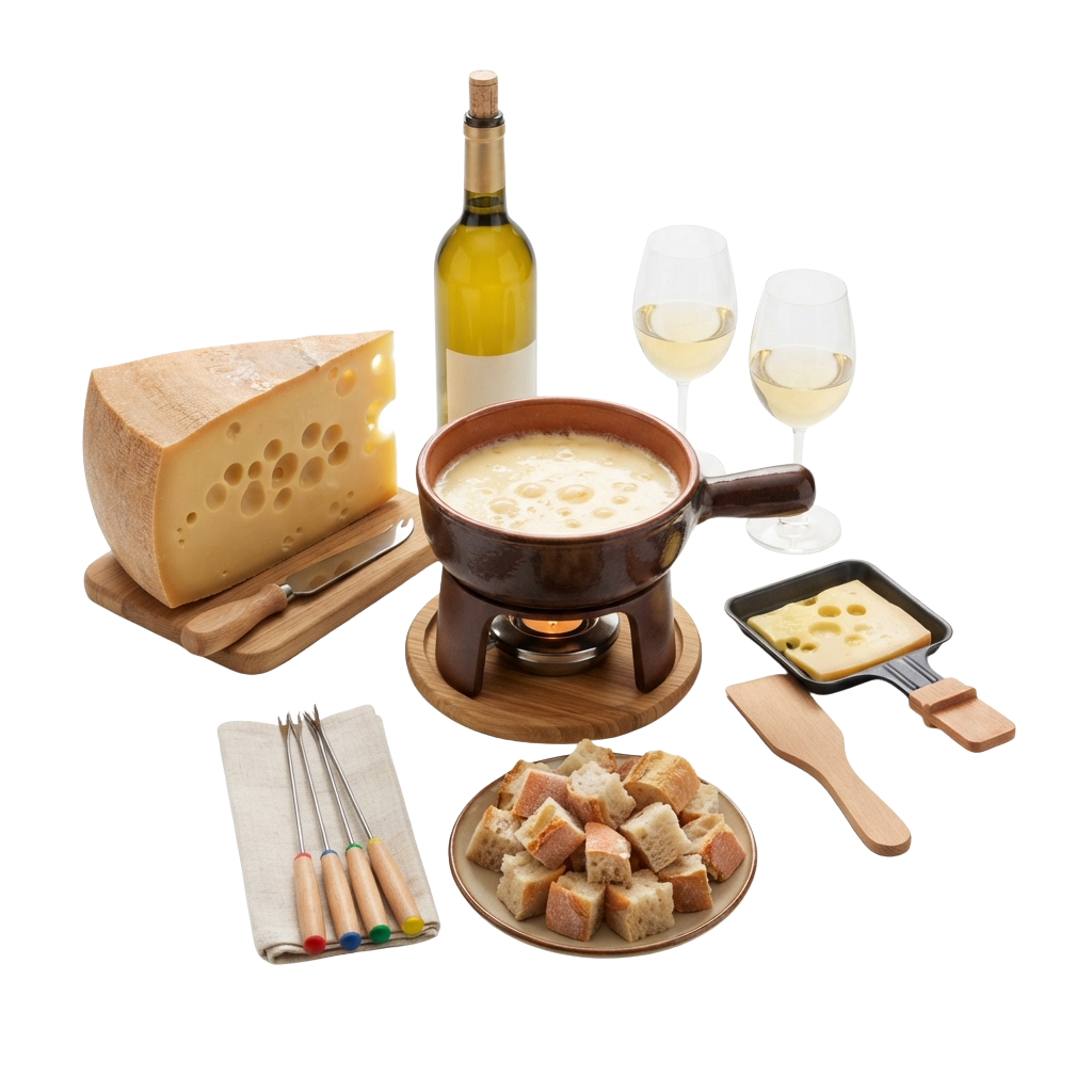 Cheese fondue set with melted cheese, wine, bread cubes, and fondue accessories on black background