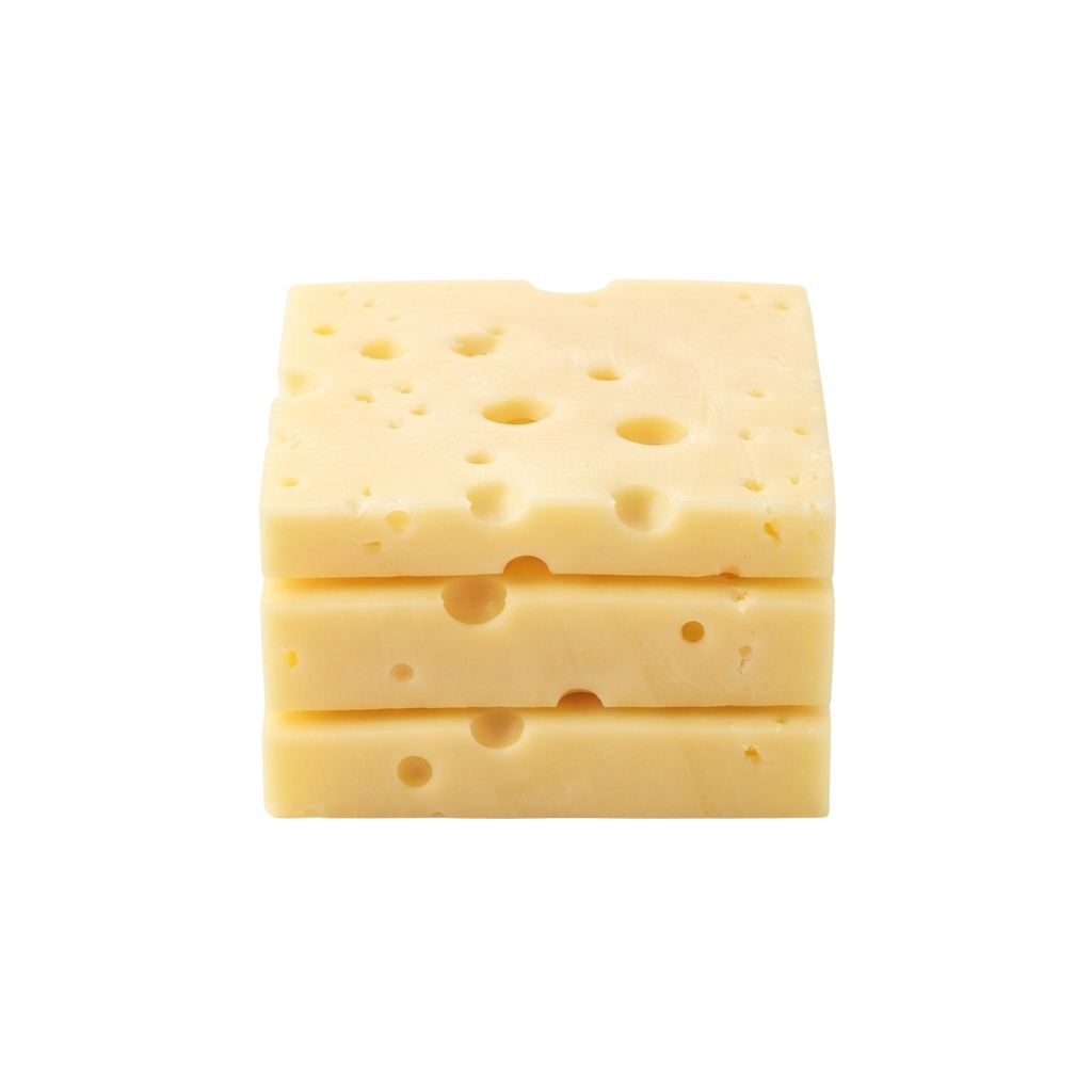 Three stacked cubes of pale yellow Emmental cheese with visible holes