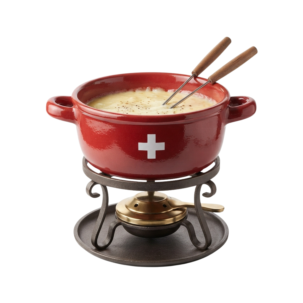 Red ceramic fondue pot with a white Swiss cross symbol on a metal stand with two fondue forks