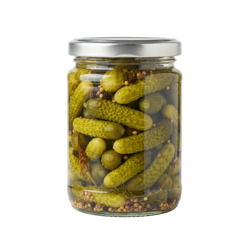 Glass jar filled with pickled cucumbers and whole spices