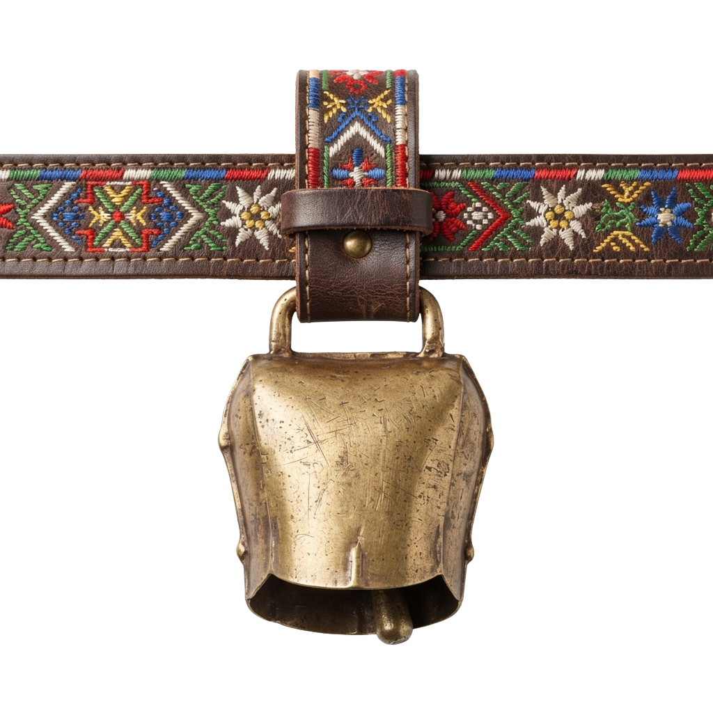 A decorative leather belt featuring a brass bell and colorful embroidered patterns including edelweiss flowers.