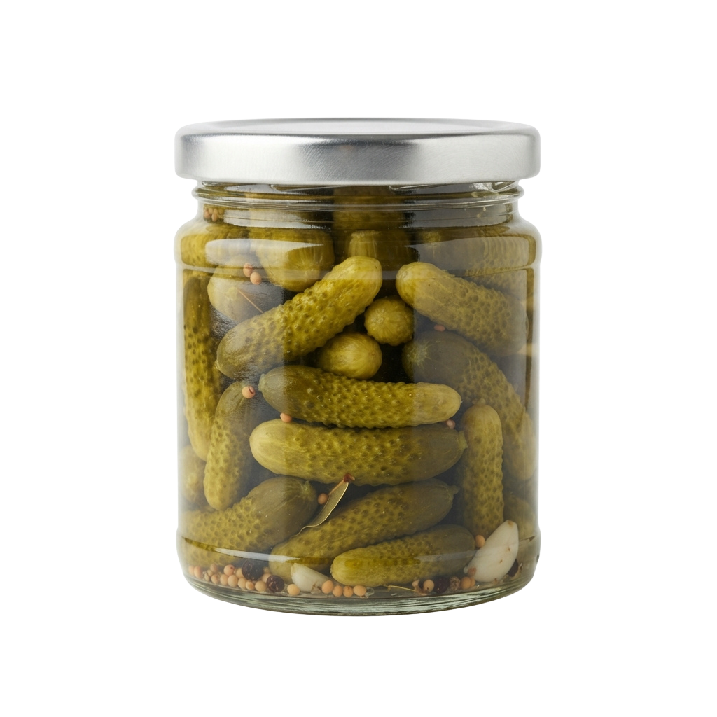 A glass jar filled with pickled cucumbers and spices, sealed with a metal lid.