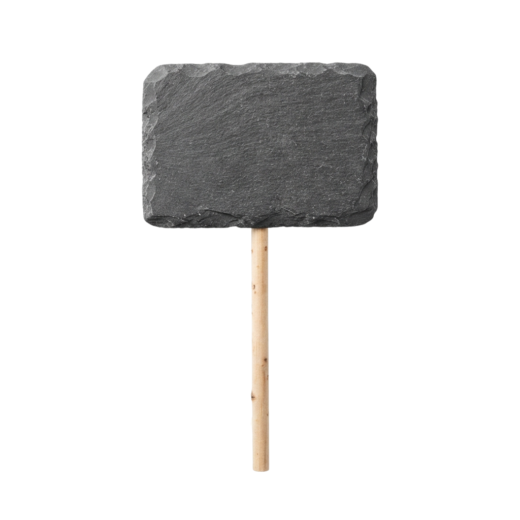 A gray slate chalkboard sign mounted on a wooden stick against a black background