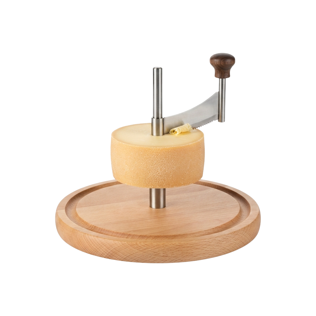 A cheese grater tool with a wooden base holding a round cheese wheel and a lever handle for grating.