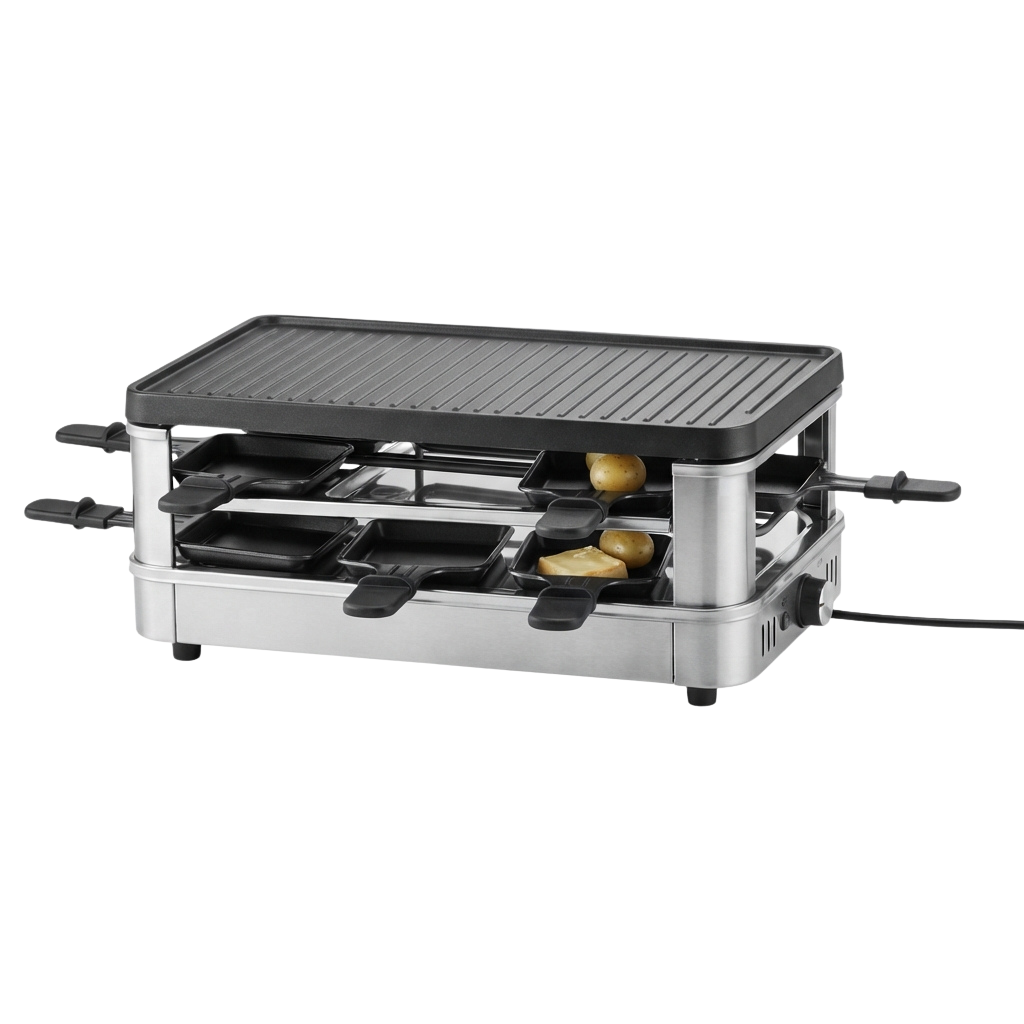 Electric raclette grill with a griddle plate on top and two melting plates below containing cheese and potatoes