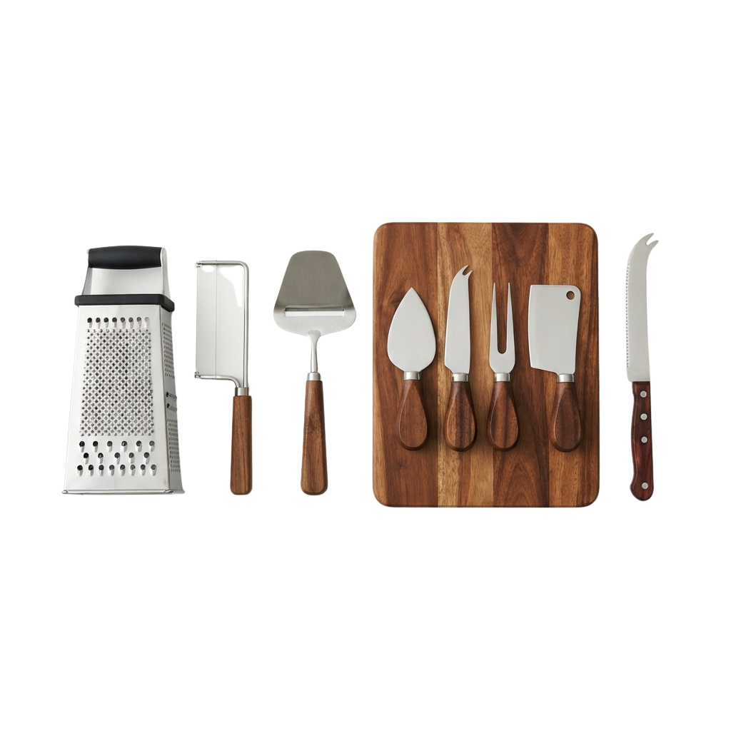 A set of kitchen knives, grater, and peeler on a wooden cutting board.