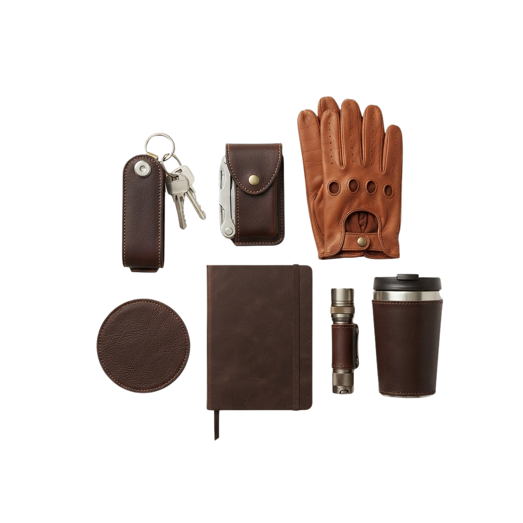 A collection of brown leather accessories including a keychain, wallet, gloves, notebook, coaster, lighter, and travel mug.