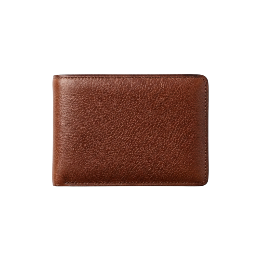 A brown textured leather bifold wallet closed against a black background