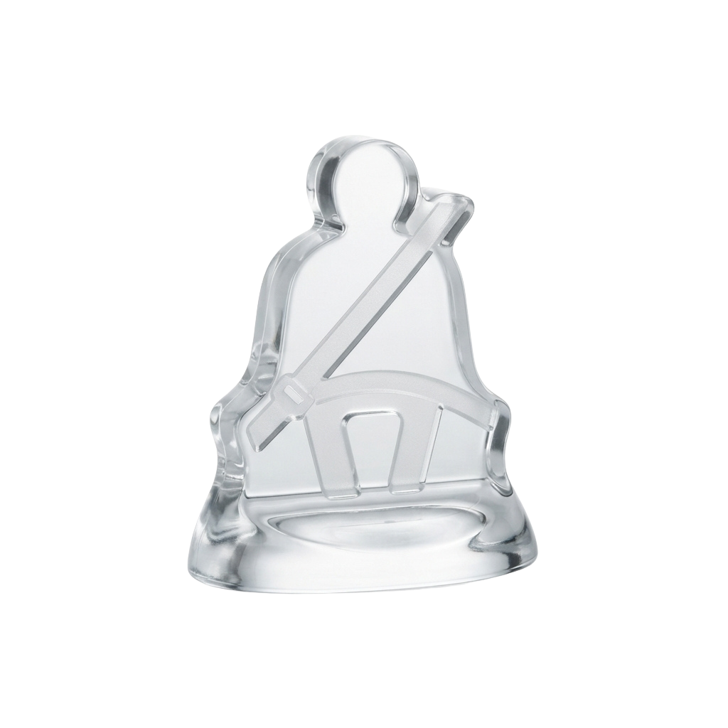 A clear plastic trophy featuring a stylized figure with a circular base and detailed design.
