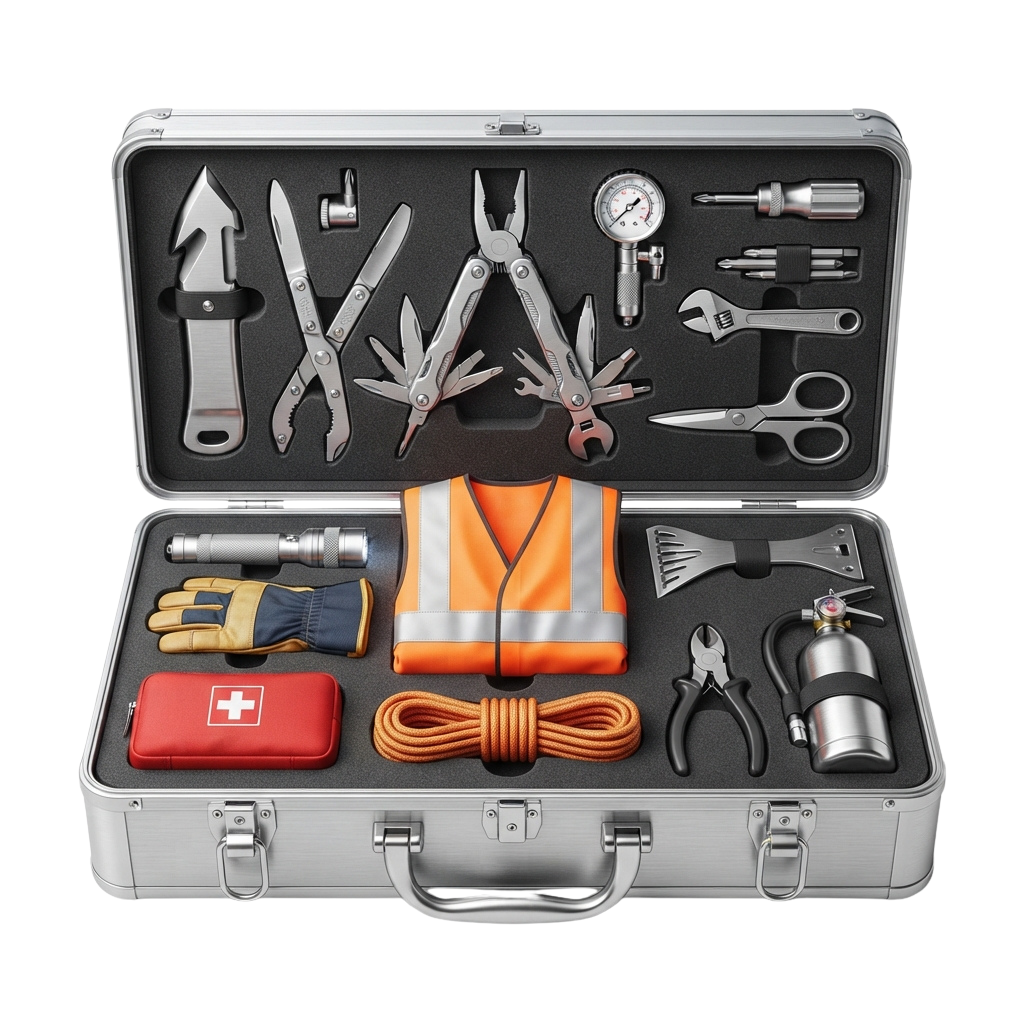 Open aluminum tool case displaying various tools, safety gear, and first aid kit