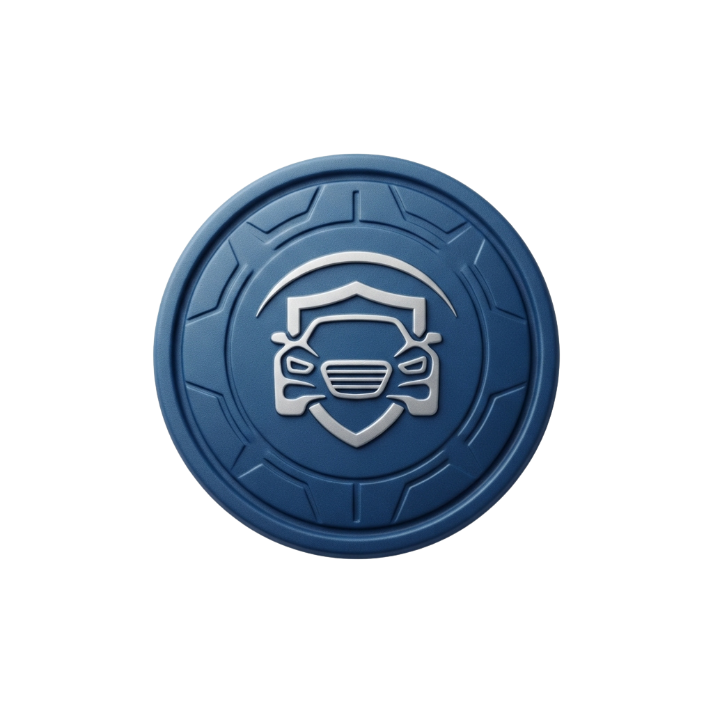 A blue circular coaster featuring a white car icon inside a shield shape.