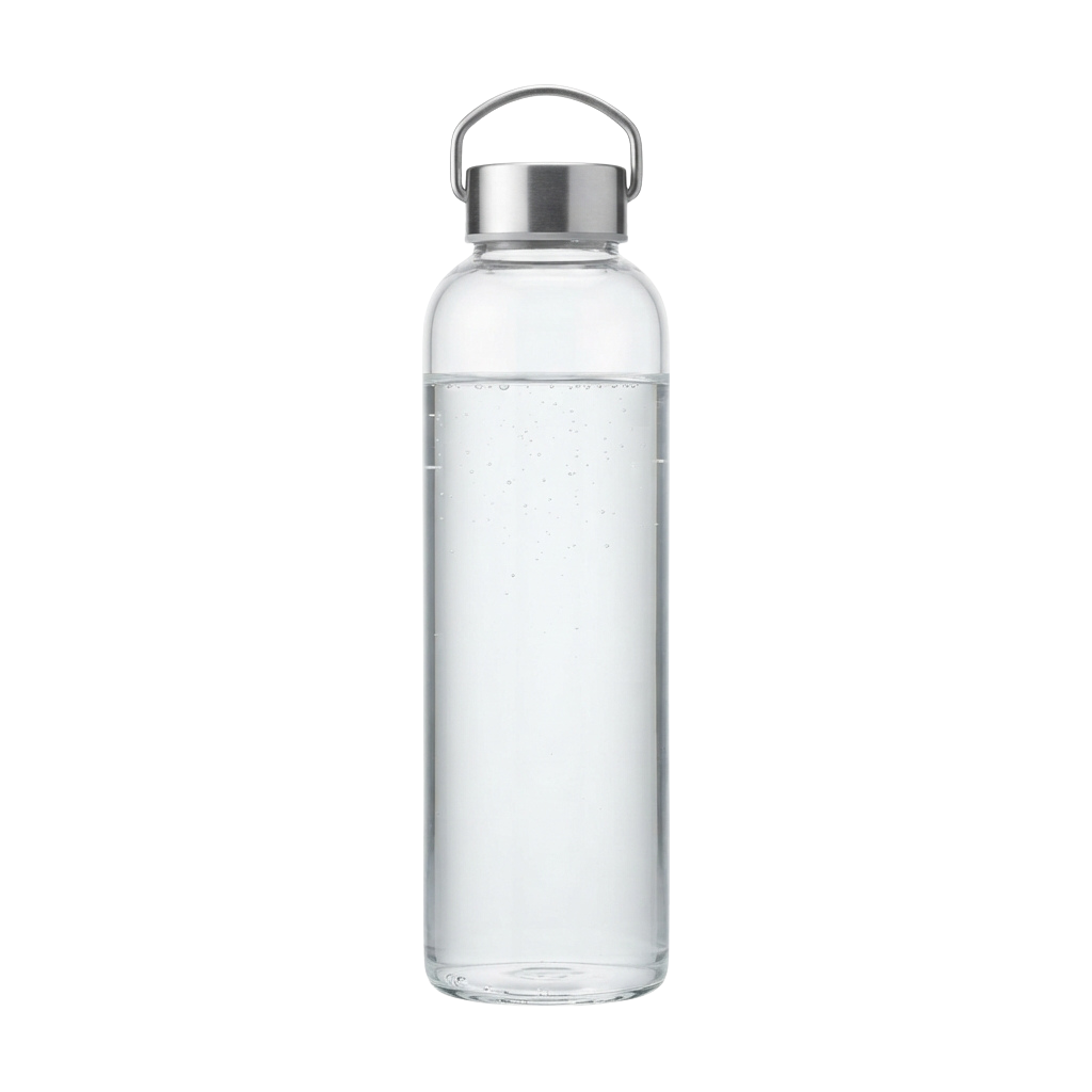 A clear insulated water bottle with a stainless steel cap and handle