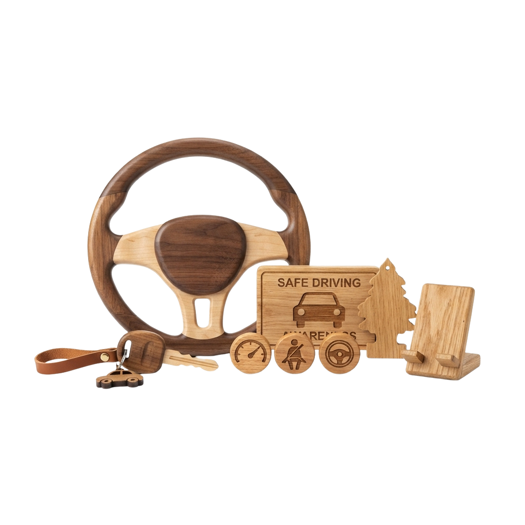 Wooden toy steering wheel set with keys, speedometer, and safe driving sign for children