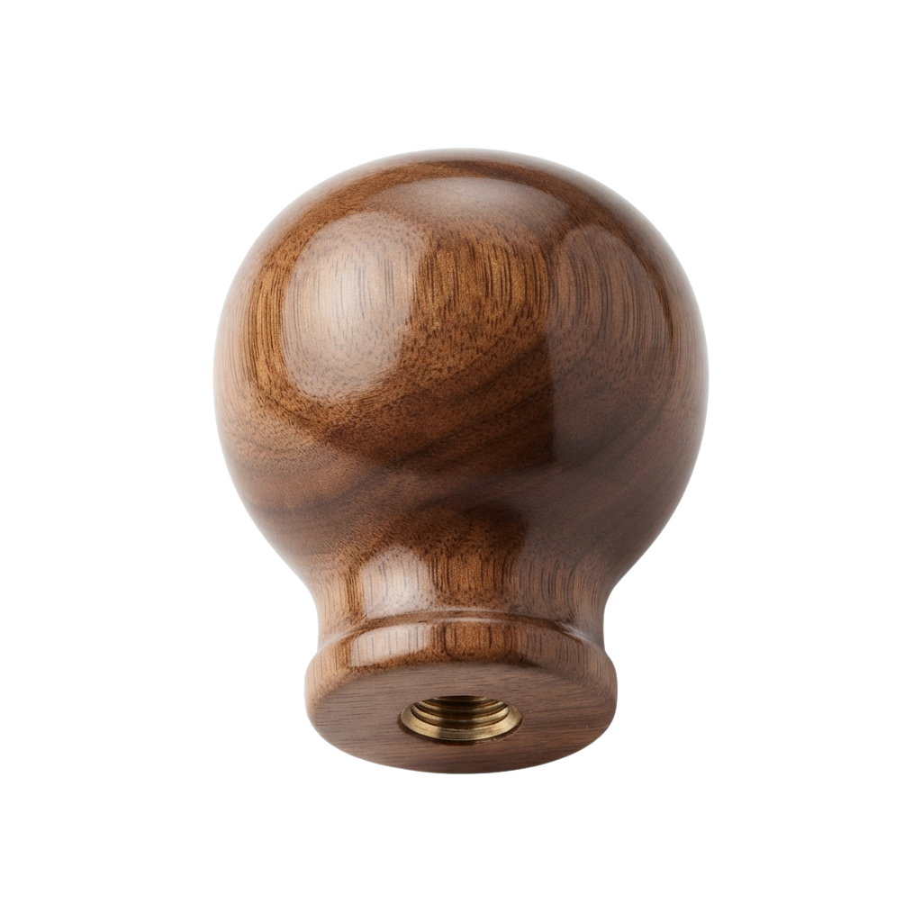 A round wooden light bulb socket cover with a natural wood grain finish and brass screw base