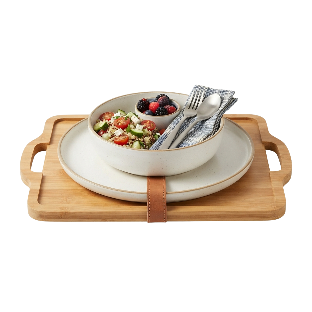 Wooden tray with ceramic bowls containing salad and fruit, alongside utensils