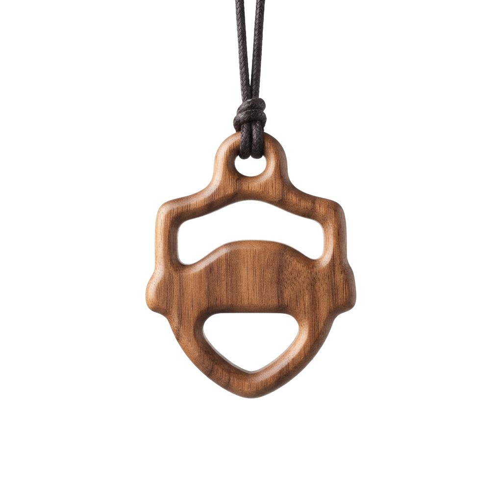 A wooden pendant necklace featuring an abstract cutout shape suspended on a dark cord.