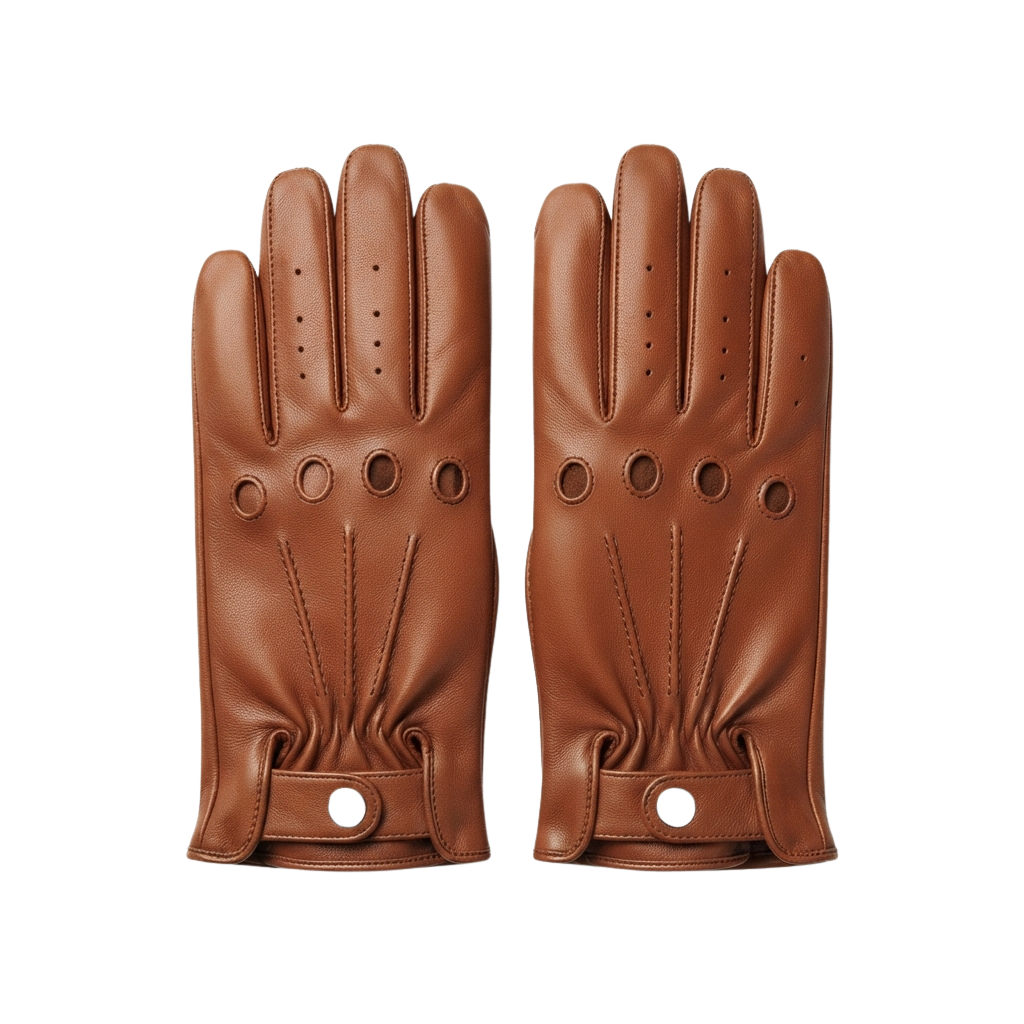 Pair of brown leather driving gloves with perforated finger panels and adjustable wrist straps