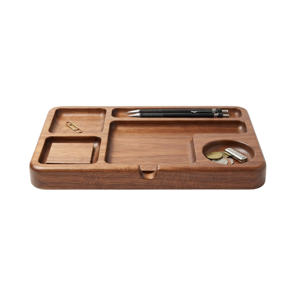 A wooden desk organizer containing pens, a paperclip, coins, and a small tool
