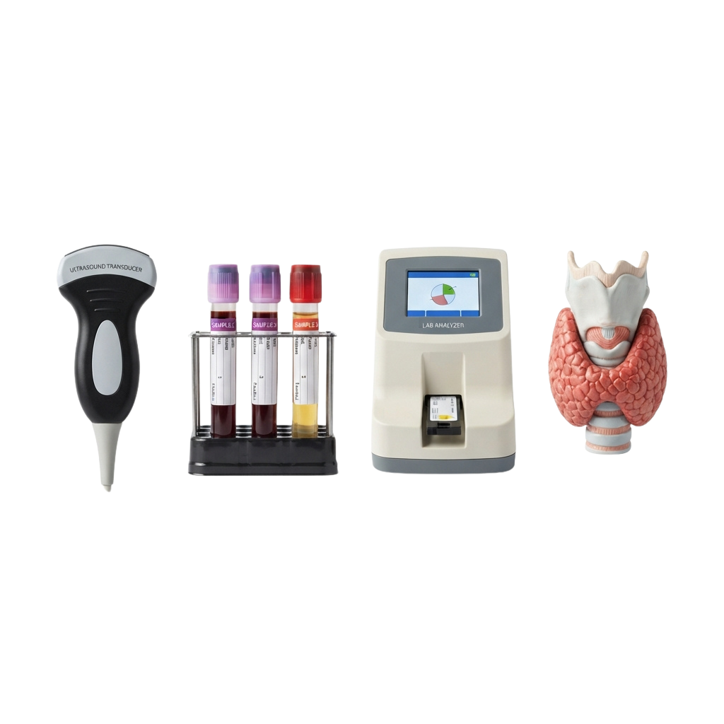 Ultrasound transducer, blood sample tubes, lab analyzer, and liver anatomy model.