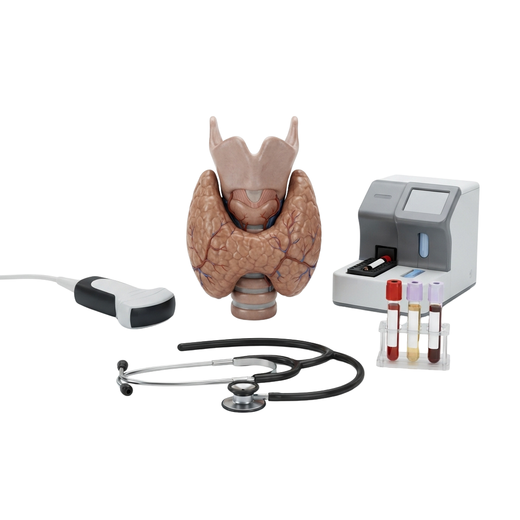 Medical illustration showing thyroid model, ultrasound device, stethoscope, blood test tubes, and analyzer