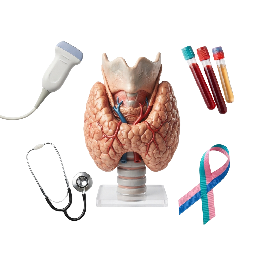Medical illustration showing prostate gland, ultrasound device, blood tests, stethoscope, and awareness ribbon
