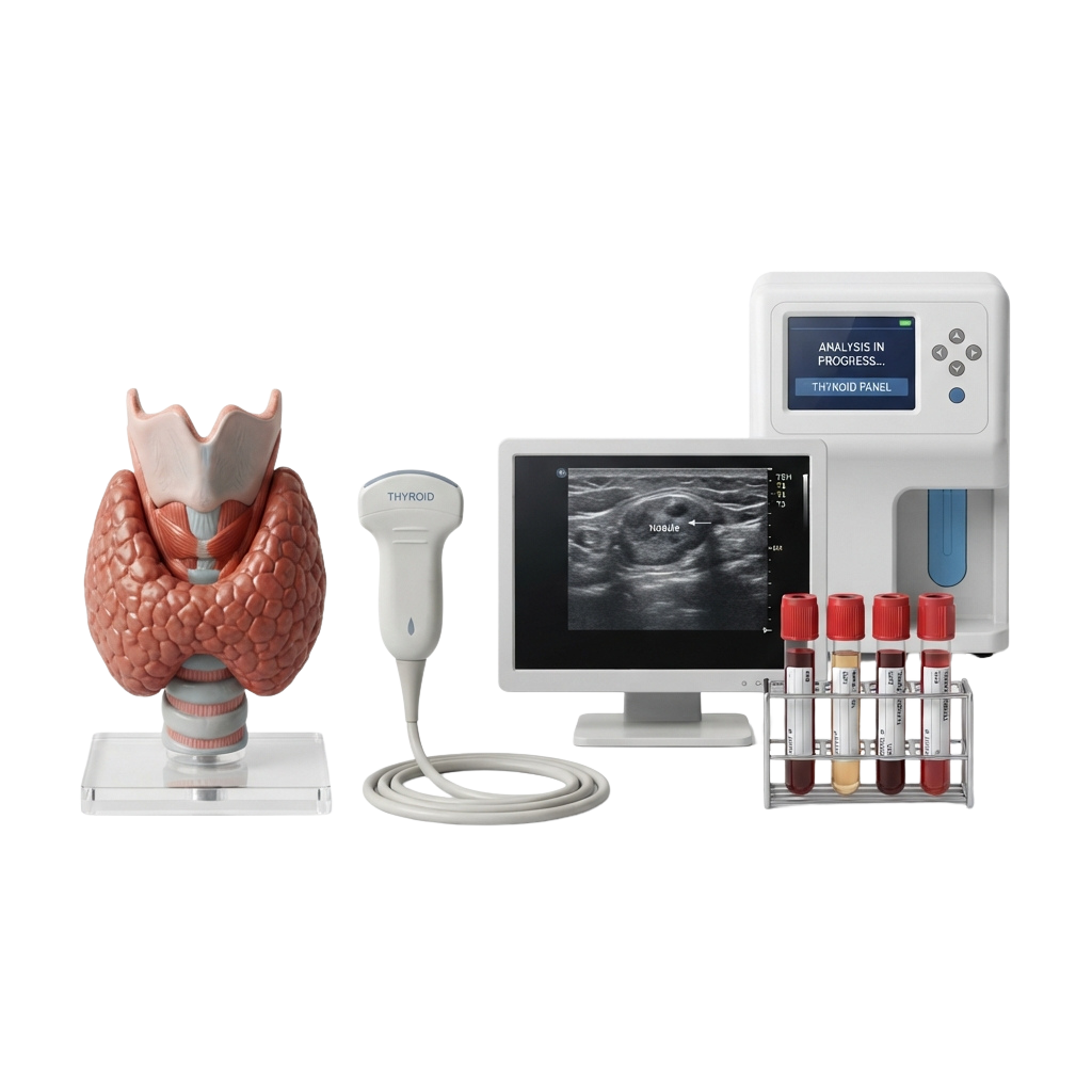 Thyroid ultrasound device showing a thyroid model, ultrasound probe, monitor, and blood test tubes