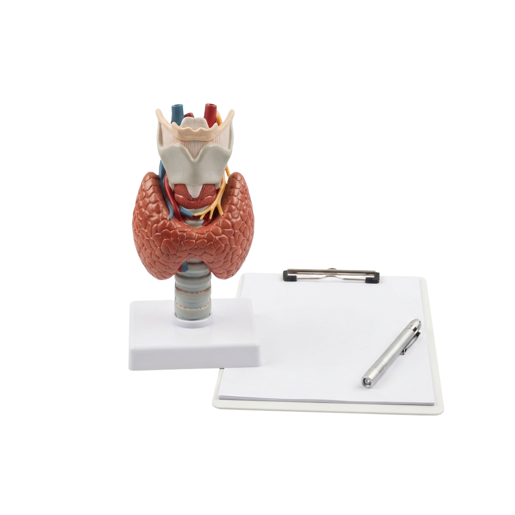 Anatomical model of human kidneys with surrounding organs on a base, next to a clipboard and pen.