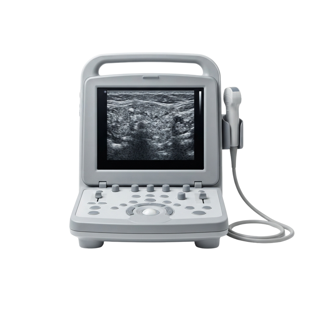 Portable ultrasound device displaying a grayscale scan and connected probe