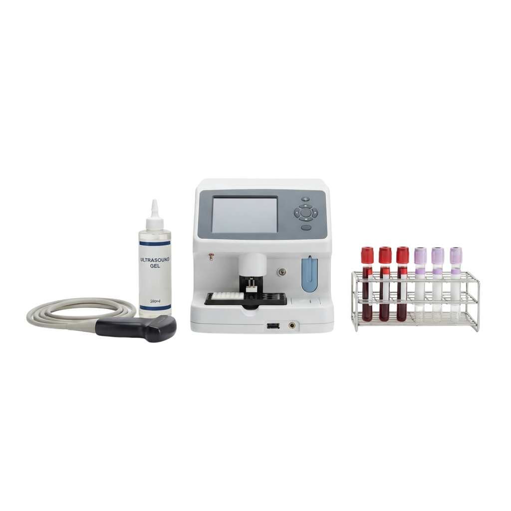 Medical device for ultrasound blood testing with ultrasound gel bottle, probe, machine, and sample tubes