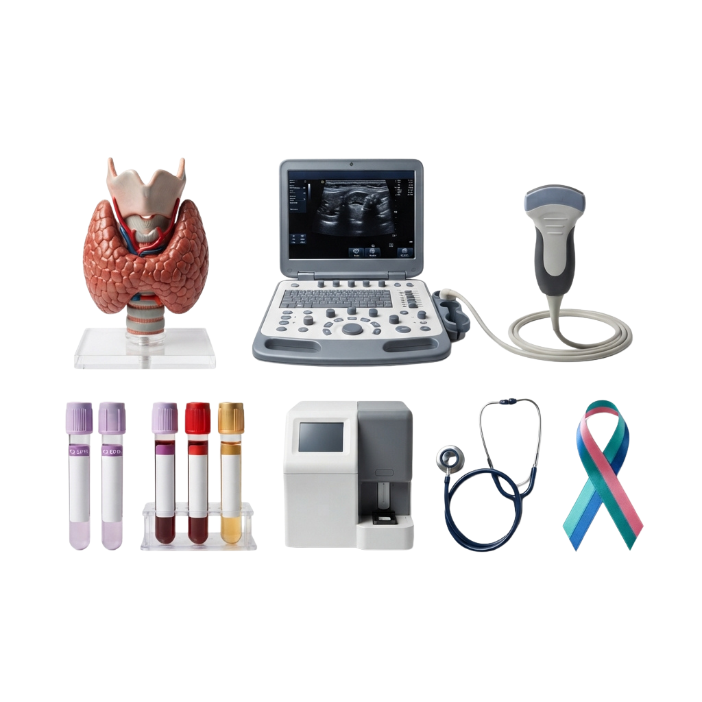 Medical tools including organ model, ultrasound machine, blood tubes, analyzer, stethoscope, and awareness ribbon