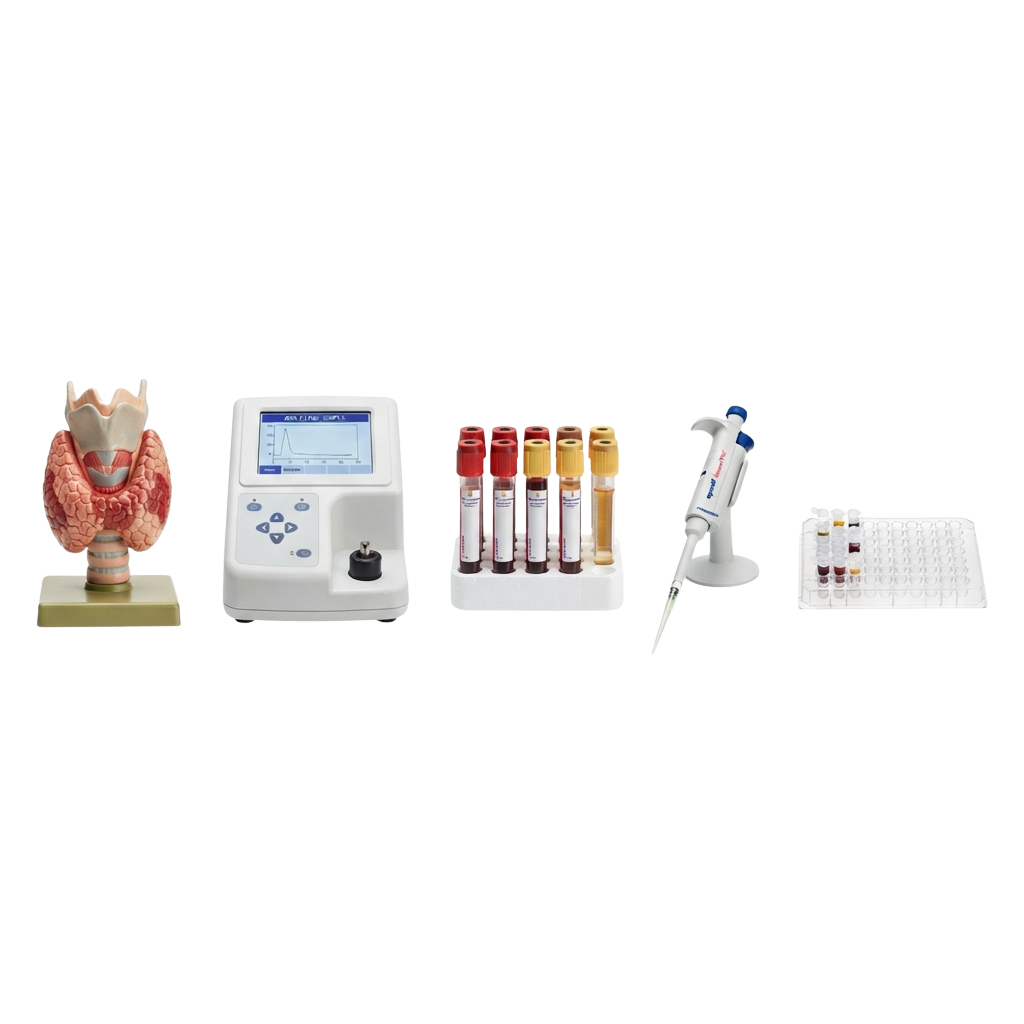 Medical equipment including a liver model, blood analyzer, test tubes, pipette, and microplate with samples