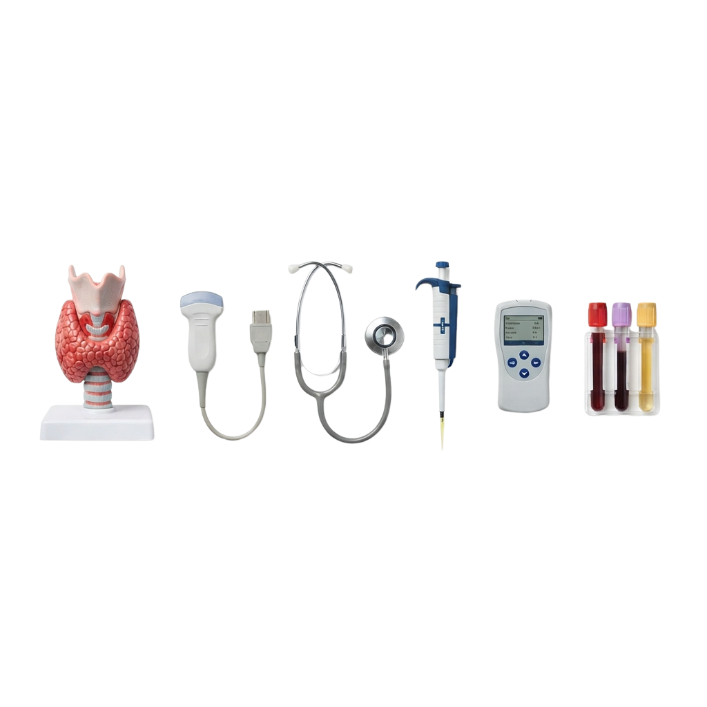 Medical tools including a liver model, ultrasound probe, catheter, syringe, glucometer, and sample vials.