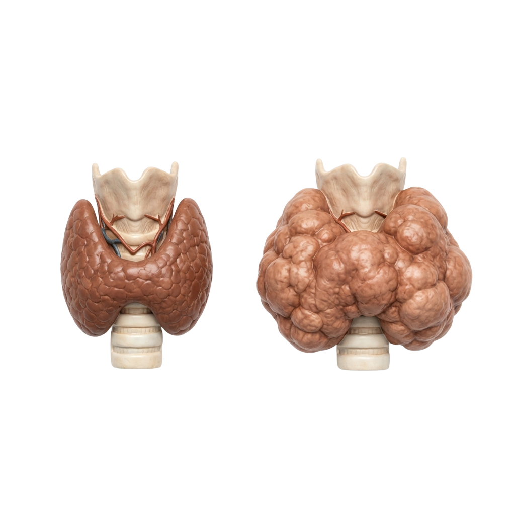 Comparison of a normal kidney and an enlarged, diseased kidney with polycystic appearance