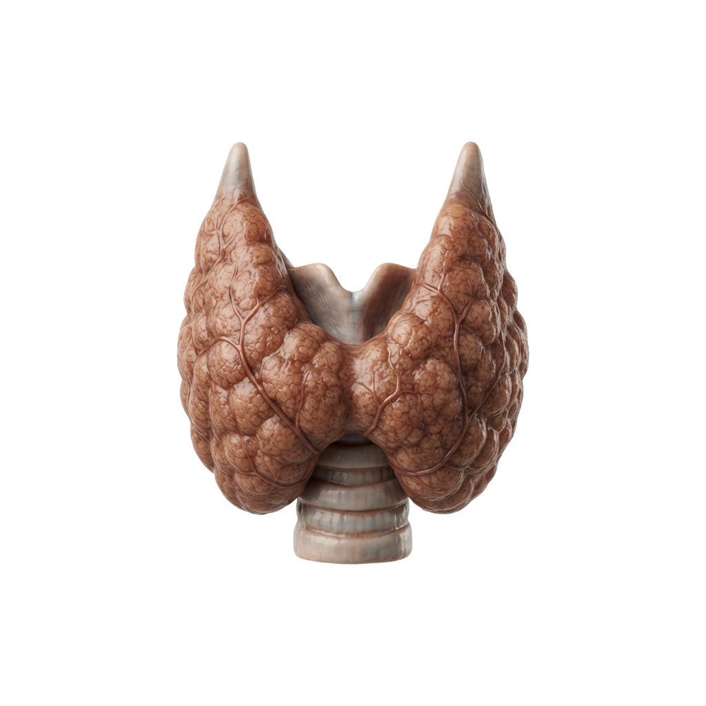 3D rendered model of a human thyroid gland viewed from above showing its two lobes and connecting isthmus