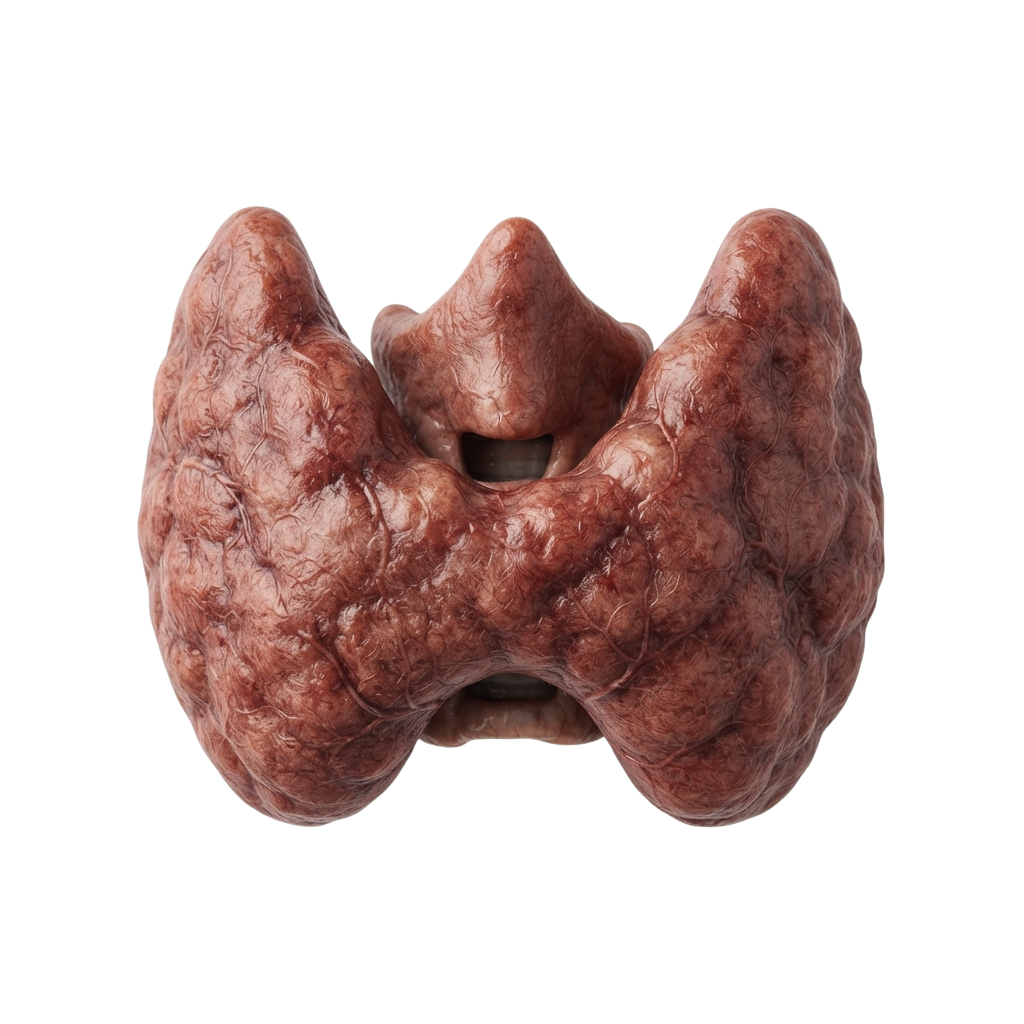 Close-up image of a human thyroid gland showing its two-lobed structure and texture