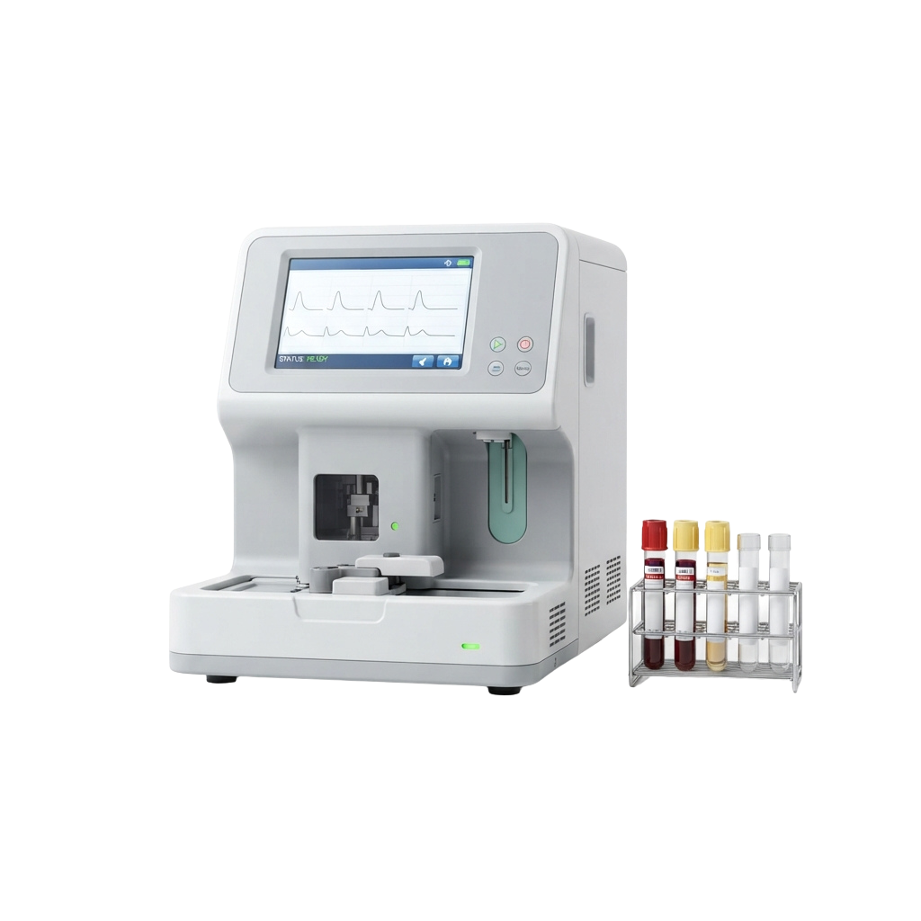 Medical device displaying blood test results with sample tubes containing colored liquids