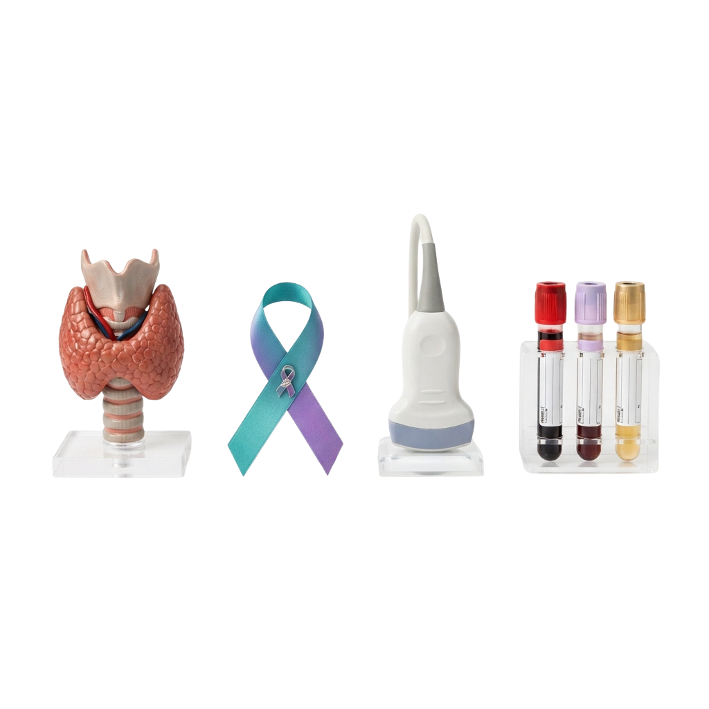 Thyroid gland model, awareness ribbon, syringe, and blood vials representing thyroid health and testing