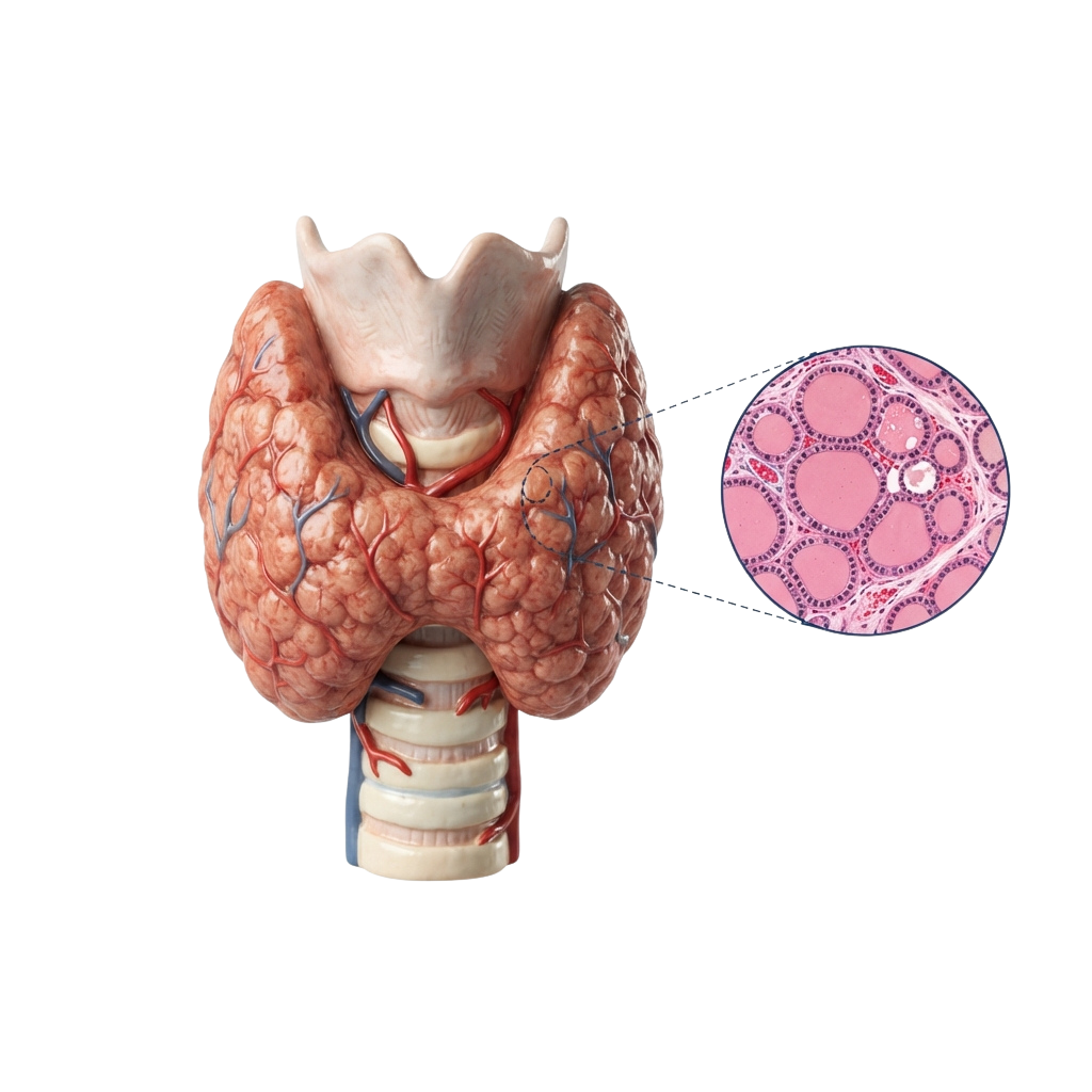 Illustration of a human kidney with a close-up of nephron cells under magnification