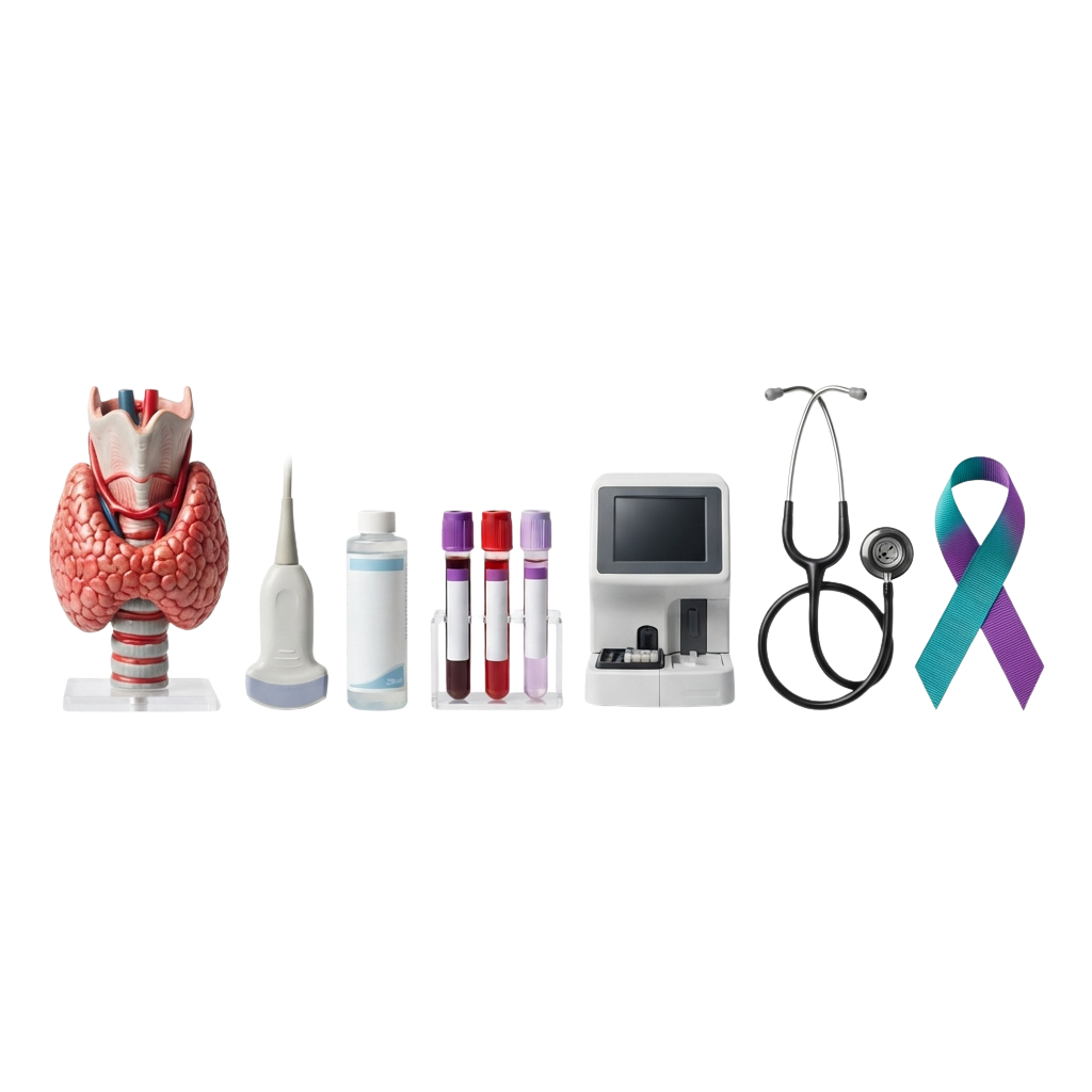 Medical tools including a brain model, syringe, blood vials, medical device, stethoscope, and awareness ribbons