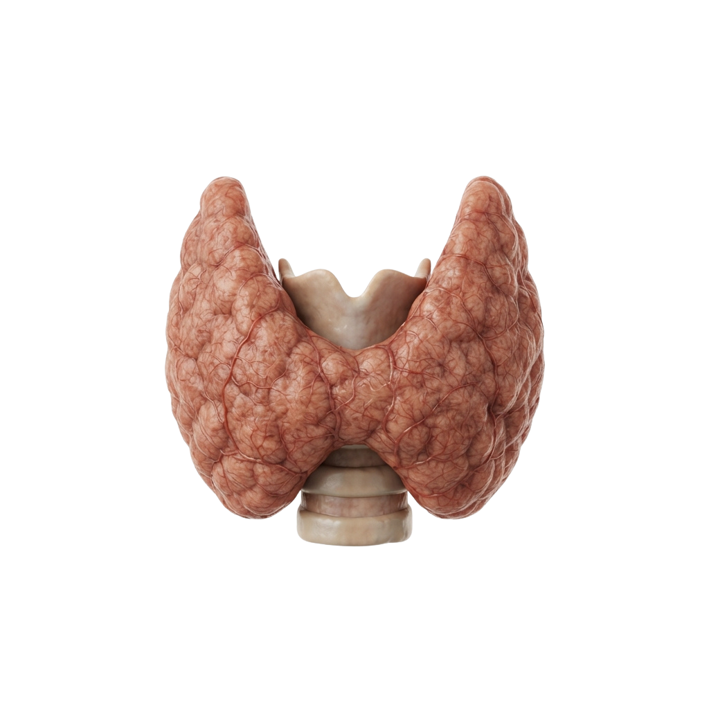 3D model of a human thyroid gland viewed from the front, showing its two lobes and connection to the trachea