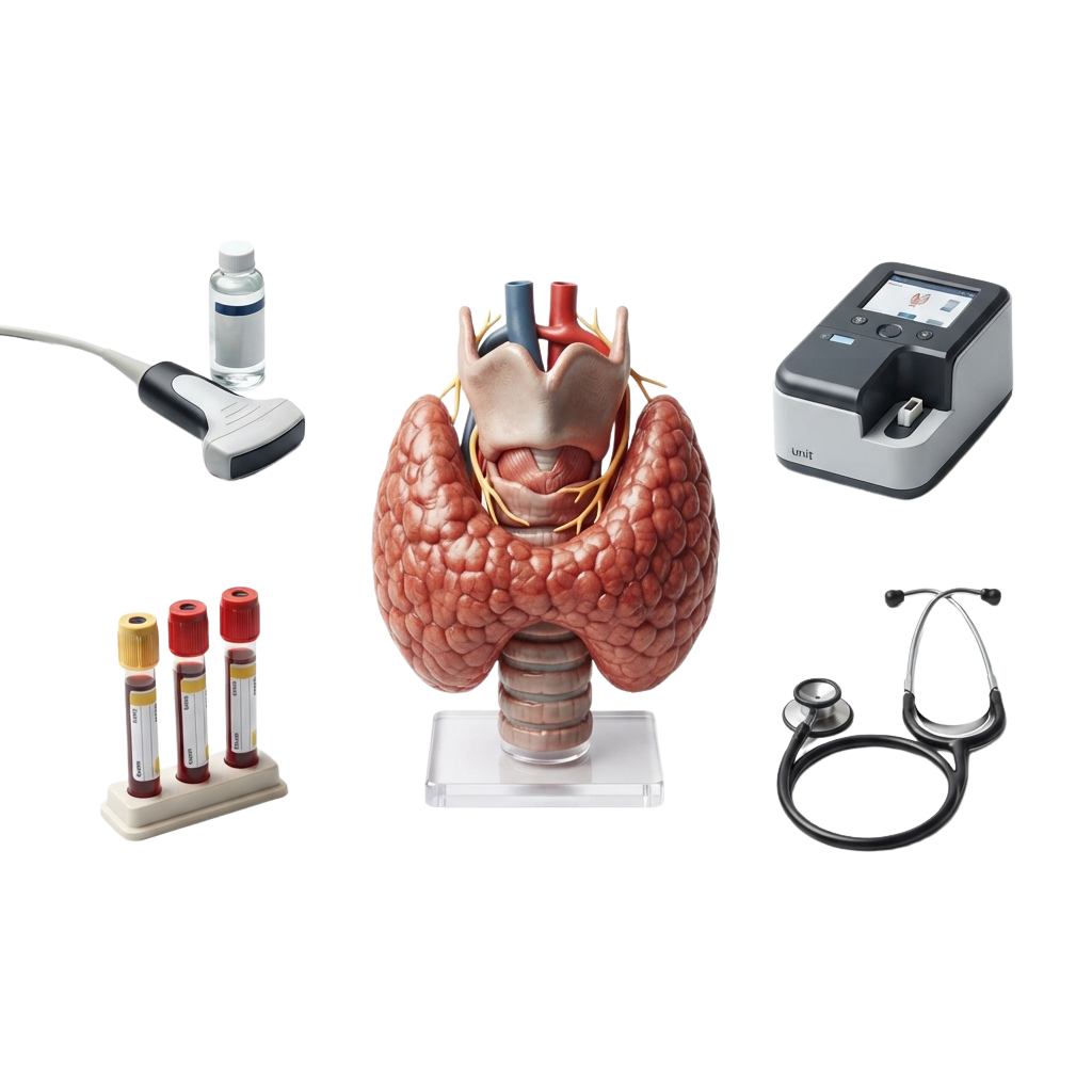 Illustration of a human liver with medical tools including ultrasound device, test tubes, stethoscope, and diagnostic machine