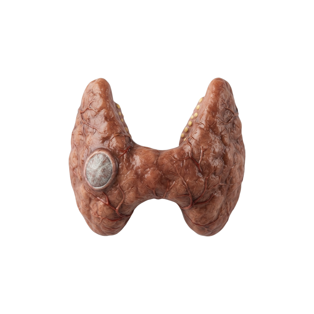 3D model of a human thyroid gland showing its two-lobed structure and isthmus
