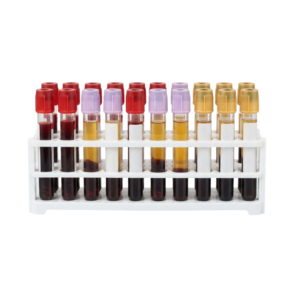 White rack holding blood test tubes with red, purple, and gold caps containing different colored samples
